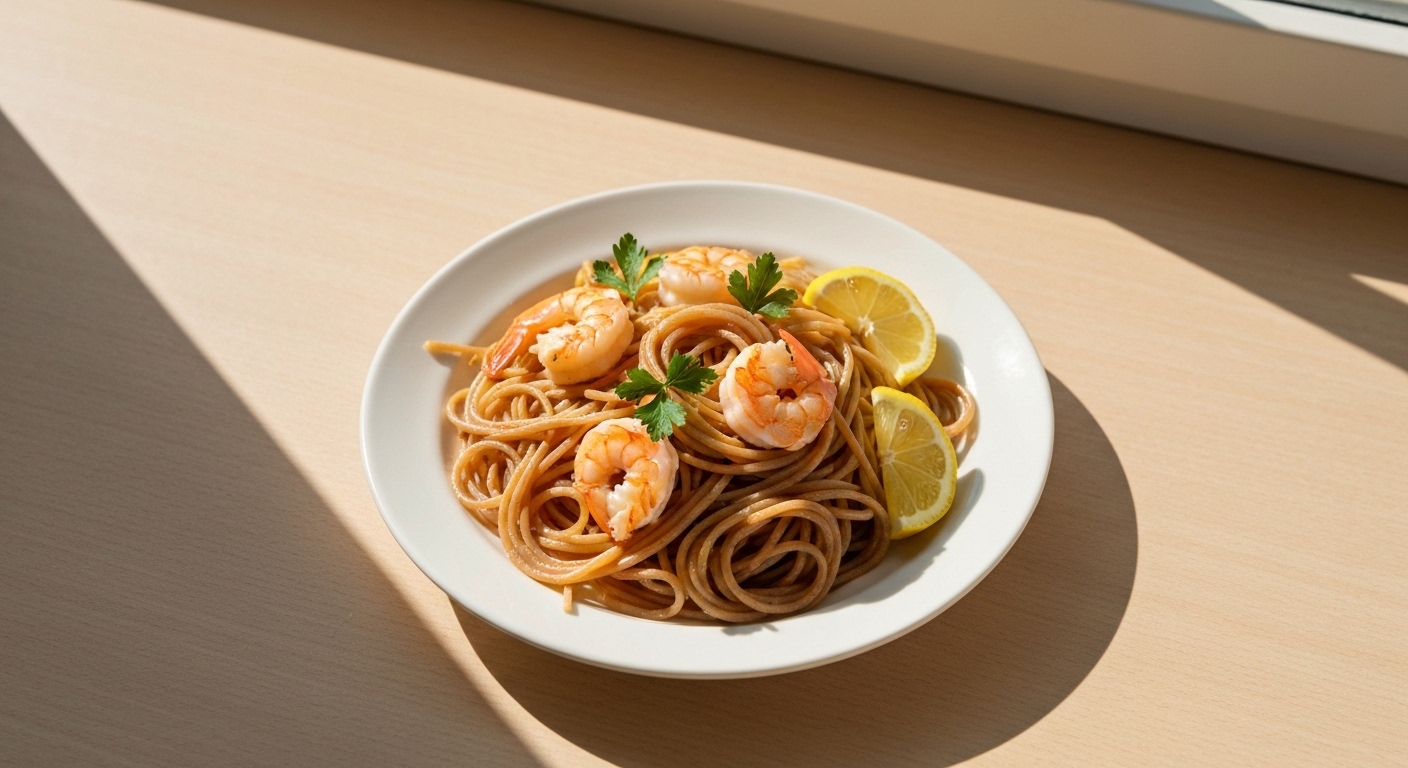 Receita Saudável de Esparguete Integral com Camarão Fresco e Limão