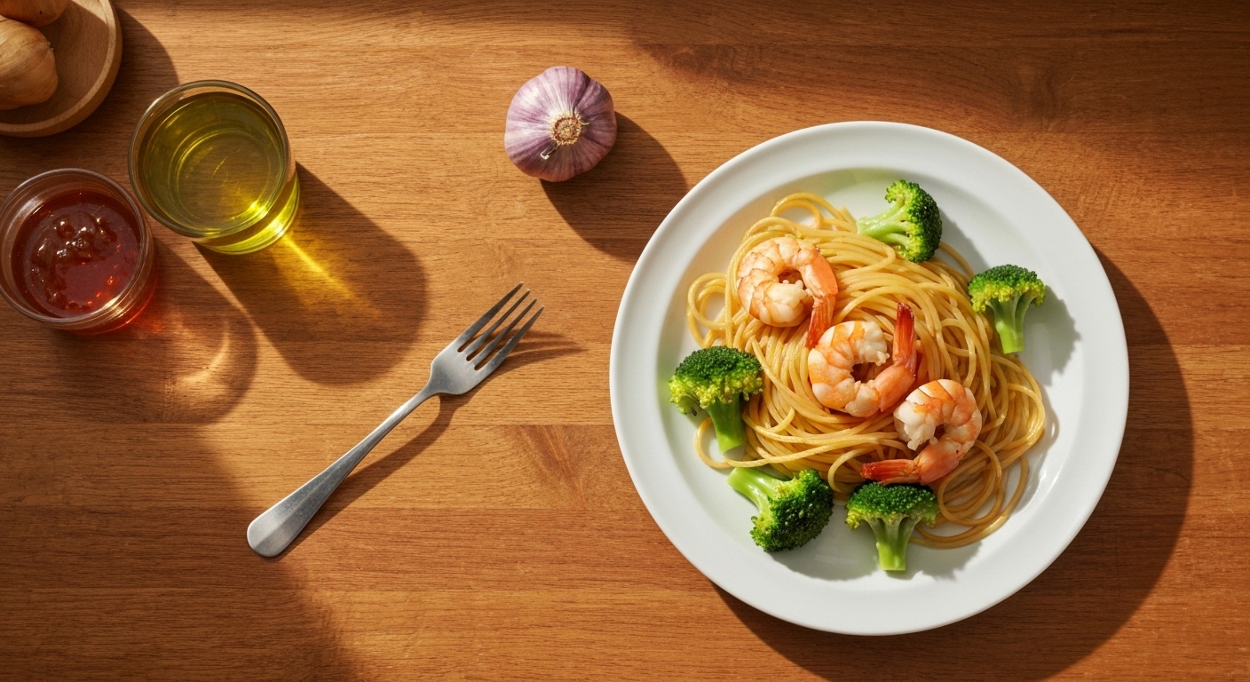 Receita Saudável de Esparguete à Portuguesa com Camarão e Brócolos